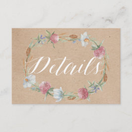 Wildbloemkrans op Kraft land bruiloft detail Informatiekaartje