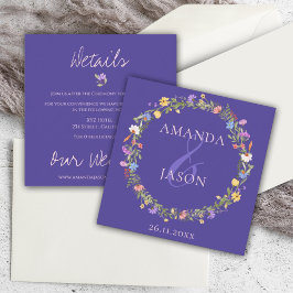 Wildbloemkrans Paarse bloemige bruiloft Details Informatiekaartje