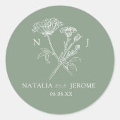 Wildbloemmonogram groene naam en trouwdatum ronde sticker (Voorkant)