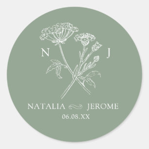 Wildbloemmonogram groene naam en trouwdatum ronde sticker