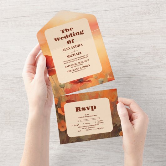 Wildbloempapaver minimalistische moderne bruiloft all in one uitnodiging (Afscheurbaar)