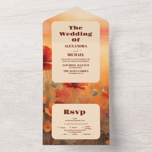 Wildbloempapaver minimalistische moderne bruiloft all in one uitnodiging (Binnen)