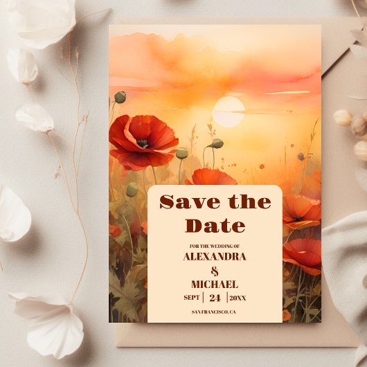 Wildbloempapaver minimalistische moderne bruiloft save the date