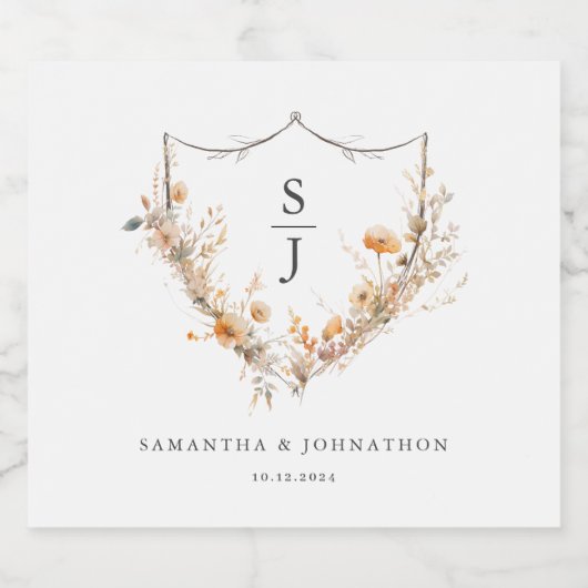 Wildbloemperzik bloemenbruiloft sparkling wijnetiket (Enkel label)