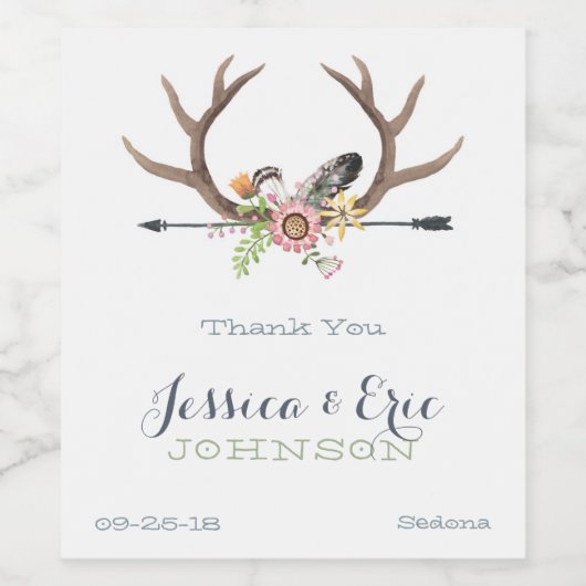 Wildbloempijl en gewei bruiloft wijn etiket (Enkel label)