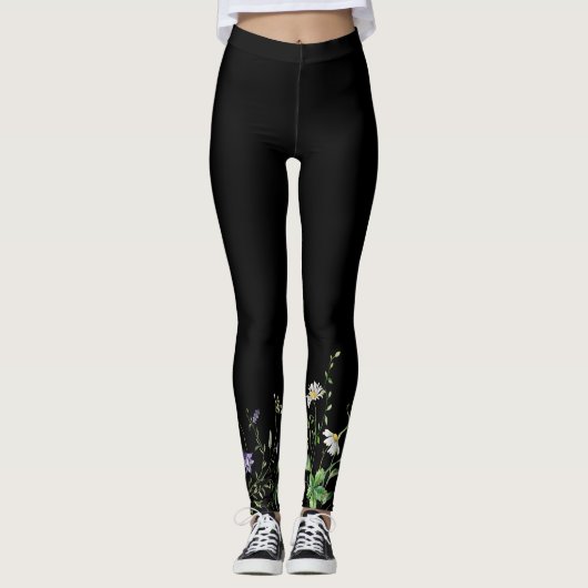 Wildbloemrand op zwart leggings (Voorkant)