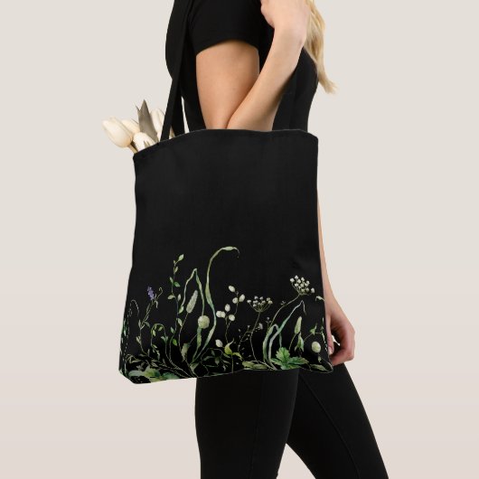 Wildbloemrand op zwart tote bag (Dichtbij)