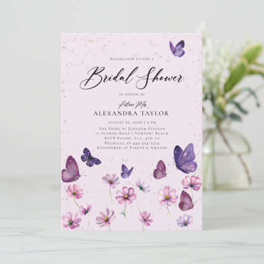 Wildbloemvlinders Paarse tuin Vrijgezellenfeest Kaart (Staand voorkant)