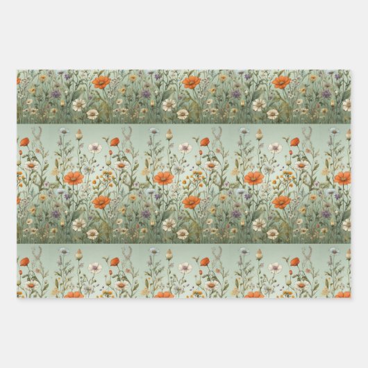 Wildbloemweide witte, groene, blauwe achtergrond inpakpapier vel (Voorkant 3)
