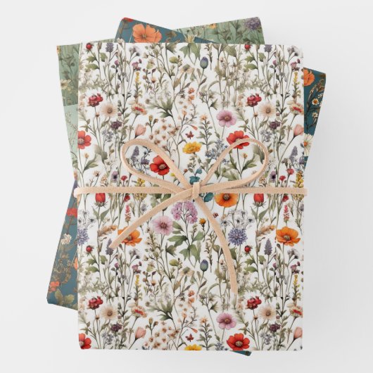 Wildbloemweide witte, groene, blauwe achtergrond inpakpapier vel (In situ)