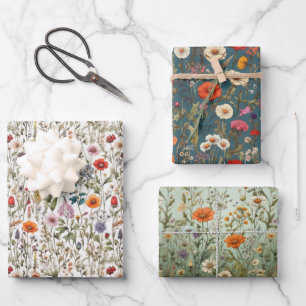 Wildbloemweide witte, groene, blauwe achtergrond inpakpapier vel