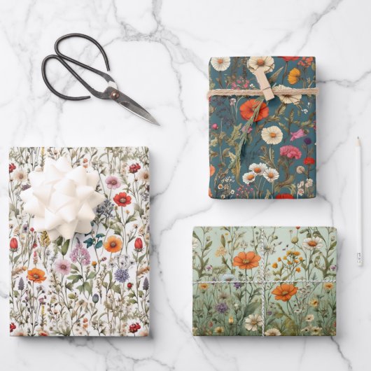 Wildbloemweide witte, groene, blauwe achtergrond inpakpapier vel (Voorkant)