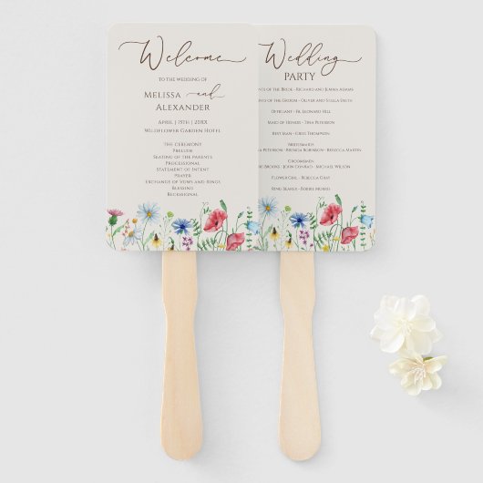 Wildbloestuin Beige Wedding Programme Hand Fan Handwaaier (Voorkant en achterkant)