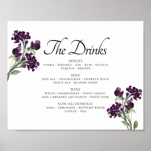 Wildbloom | Diep Paarse Boheemse Bloemen Bar Menu Poster (Voorkant)