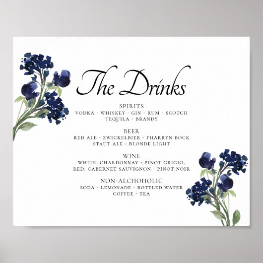 Wildbloom | Navy Blue Boheem Bloemen Drinklijst Poster (Voorkant)