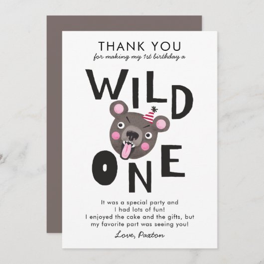 Wilde 1 1e verjaardag bedankkaart (Voorkant / Achterkant)