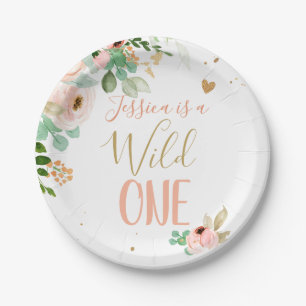 Wilde 1 1e verjaardag Roze Gold Girl Flowers Papieren Bordje