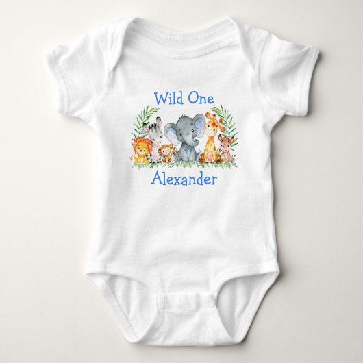 Wilde 1 1e verjaardag Safari Dieren White Blue Romper (Voorkant)