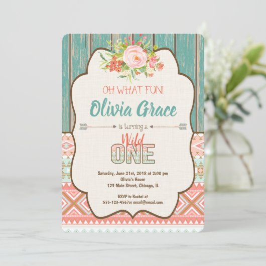 Wilde 1 1e verjaardag uitnodiging meisje tribal bo (Staand voorkant)