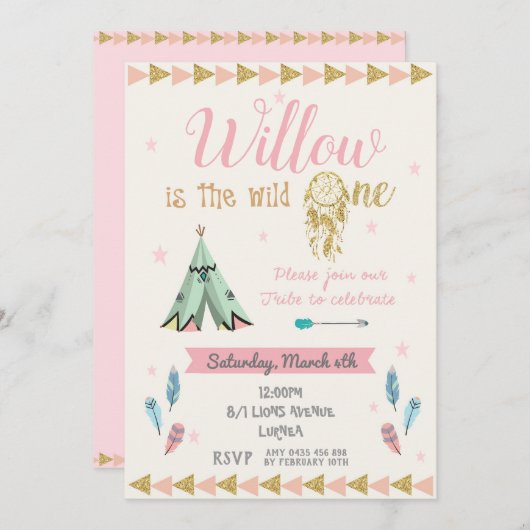 Wilde 1 1e verjaardag van het meisje uit de roze s kaart (Voorkant / Achterkant)