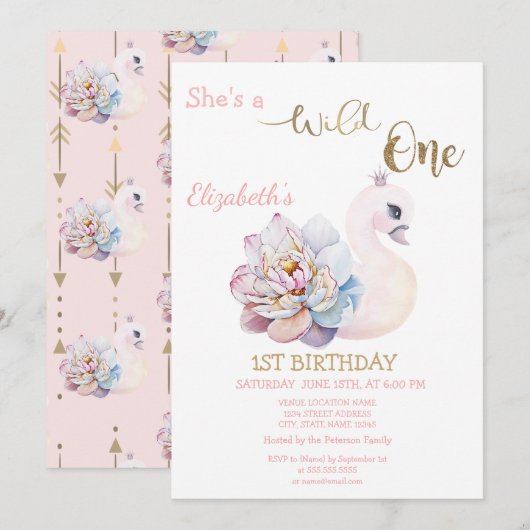 Wilde 1, Arrows, Flower Swan First Birthday Kaart (Voorkant / Achterkant)