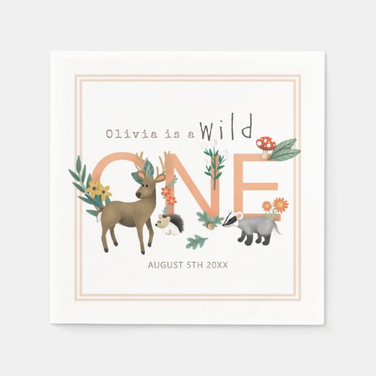 Wilde 1 Cute Pink Woodland Animals 1e verjaardag Servet (Voorkant)