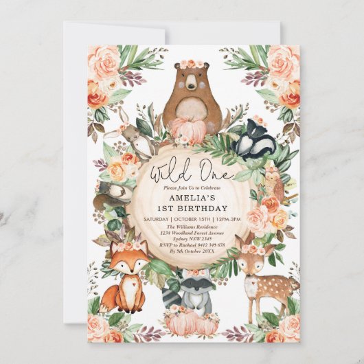 Wilde 1 Herfst Floral Woodland Animals 1e verjaard Kaart (Voorkant)