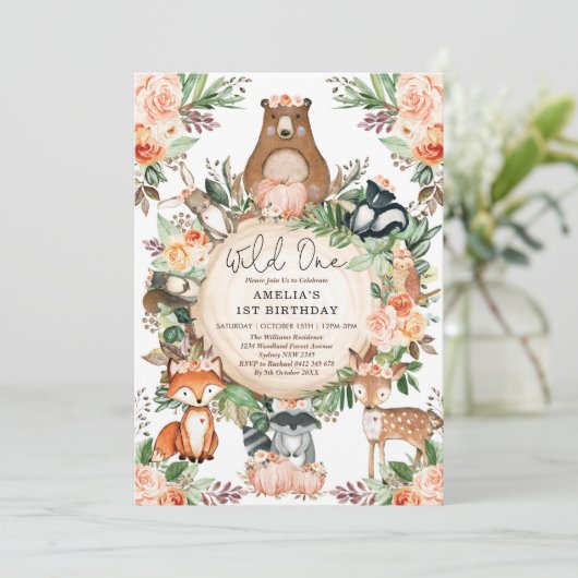 Wilde 1 Herfst Floral Woodland Animals 1e verjaard Kaart (Staand voorkant)