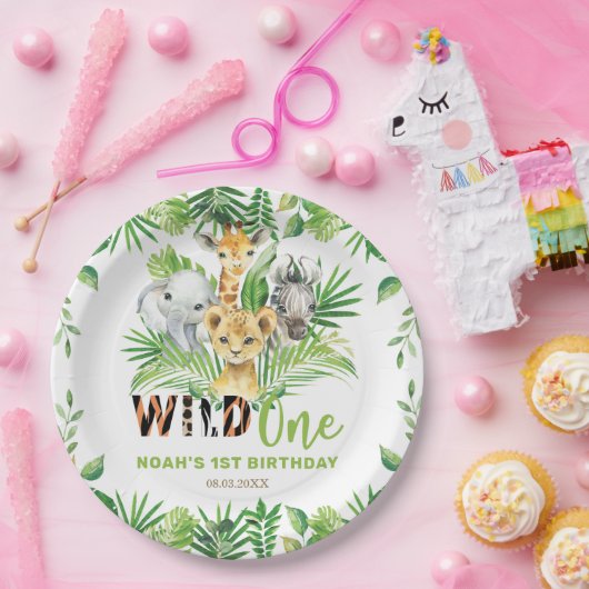 Wilde 1 Oerwoud Dieren Greenery 1e verjaardag Papieren Bordje (Feest)