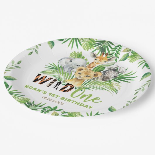 Wilde 1 Oerwoud Dieren Greenery 1e verjaardag Papieren Bordje (Gekanteld)