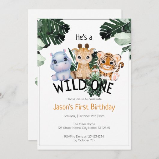 Wilde 1 Oerwoud dieren & Greenery Birthday Card Kaart (Voorkant / Achterkant)