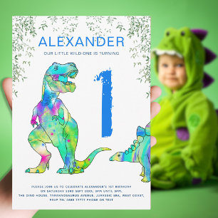 Wilde 1 T Rex 1st Birthday Party blue Kaart