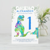 Wilde 1 T Rex 1st Birthday Party blue Kaart (Staand voorkant)