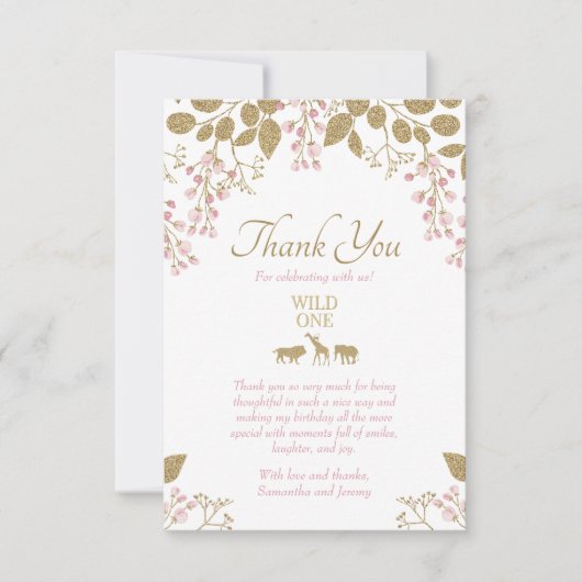 Wilde 1 verjaardag Roze Gold Hartelijk dank Bedankkaart (Voorkant)