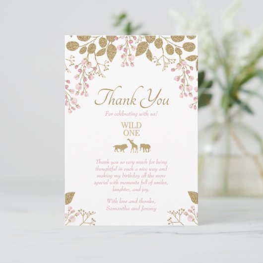 Wilde 1 verjaardag Roze Gold Hartelijk dank Bedankkaart (Staand voorkant)