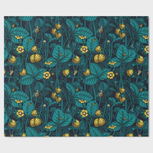 Wilde aardbeien, geel en blauw cadeaupapier (Vlak)