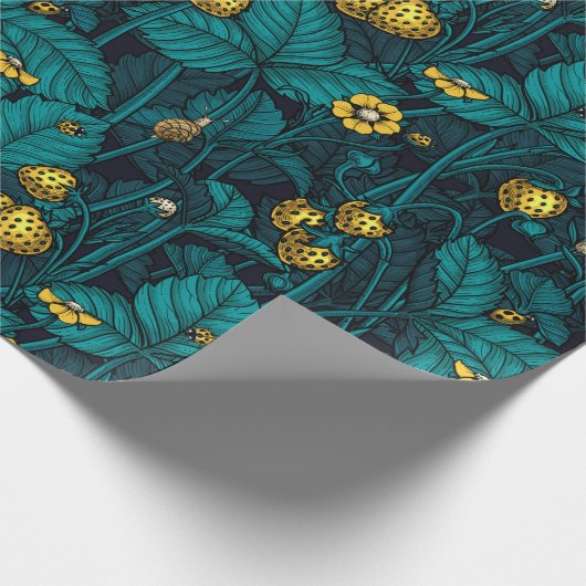 Wilde aardbeien, geel en blauw cadeaupapier (Hoek)