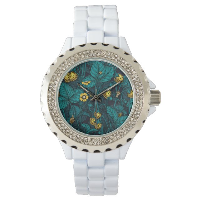 Wilde aardbeien, geel en blauw horloge (Voorkant)