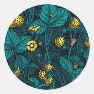 Wilde aardbeien, geel en blauw ronde sticker