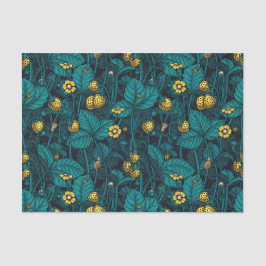 Wilde aardbeien, geel en blauw tissuepapier (Voorkant)