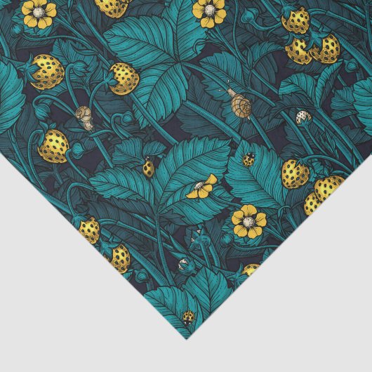 Wilde aardbeien, geel en blauw tissuepapier (Detail)