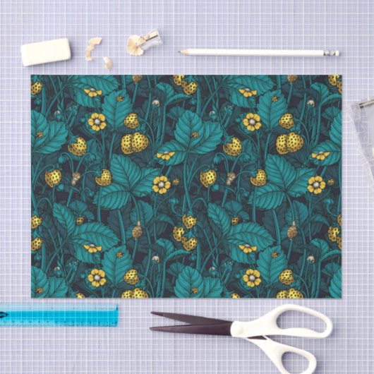 Wilde aardbeien, geel en blauw tissuepapier (Craft)