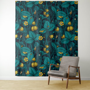 Wilde aardbeien, geel en blauw wandkleed