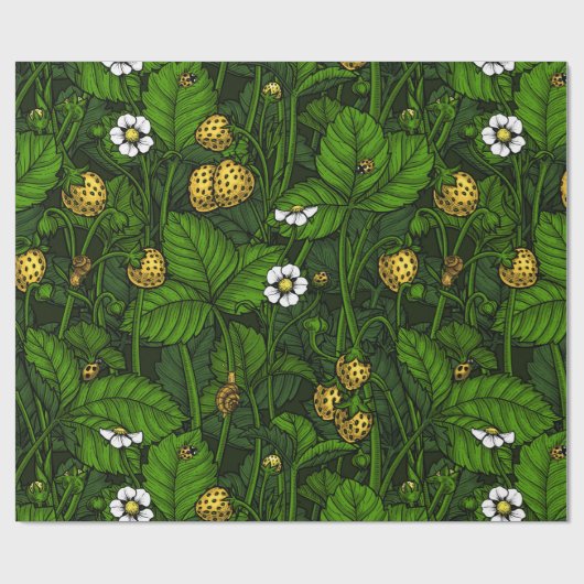 Wilde aardbeien, geel en groen cadeaupapier (Vlak)
