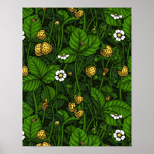 Wilde aardbeien, geel en groen poster (Voorkant)