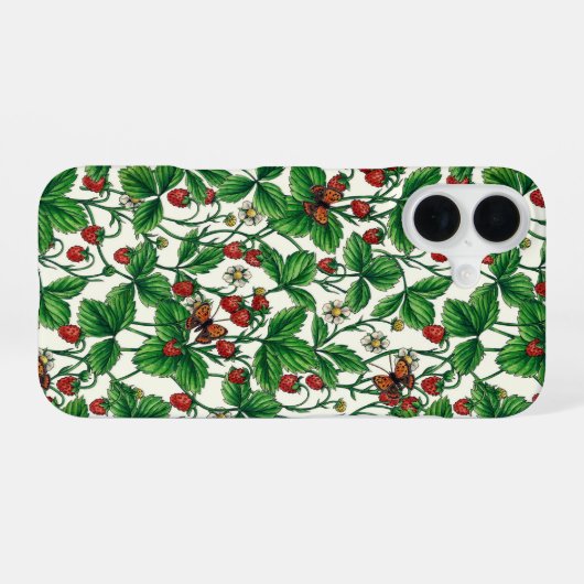 Wilde aardbeien op gebroken wit iPhone 16 hoesje (Achterkant horizontaal)