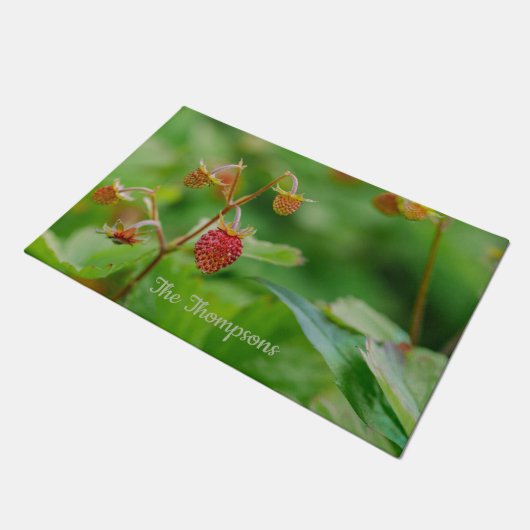 Wilde aardbeien op groene foto met familienaam deurmat (Schuin)