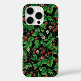 Wilde aardbeien op zwart iPhone 16 pro hoesje