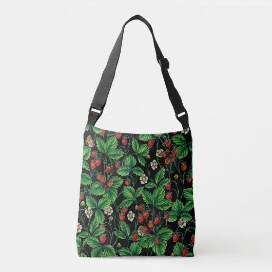 Wilde aardbeien op zwart crossbody tas (Voorkant)
