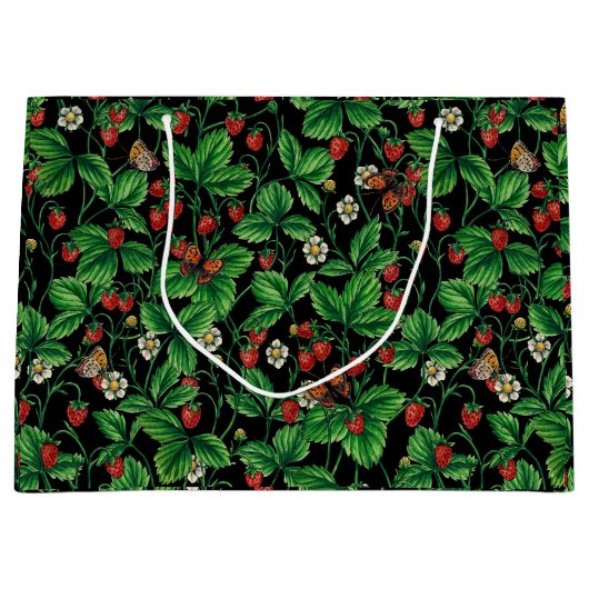 Wilde aardbeien op zwart groot cadeauzakje (Voorkant)